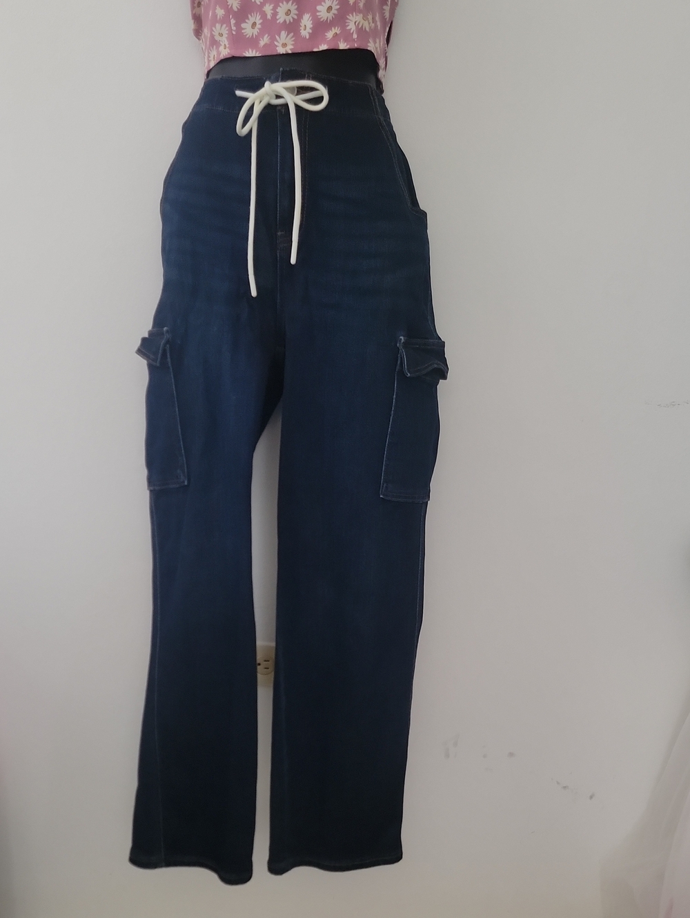 Dark Blue High-Waist Cargo Women Jeans with Drawstring